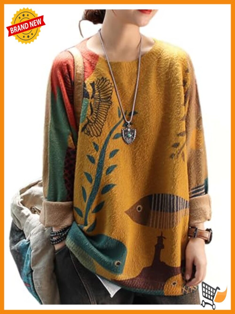 Oversized Cat Graphic Christmas Sweater - Cotton Wool Knit Pullover - Women's